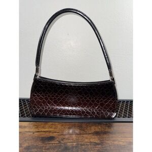 Vintage Croc Embossed Baguette Shoulder Bag Brown Patent Leather Y2K Purse